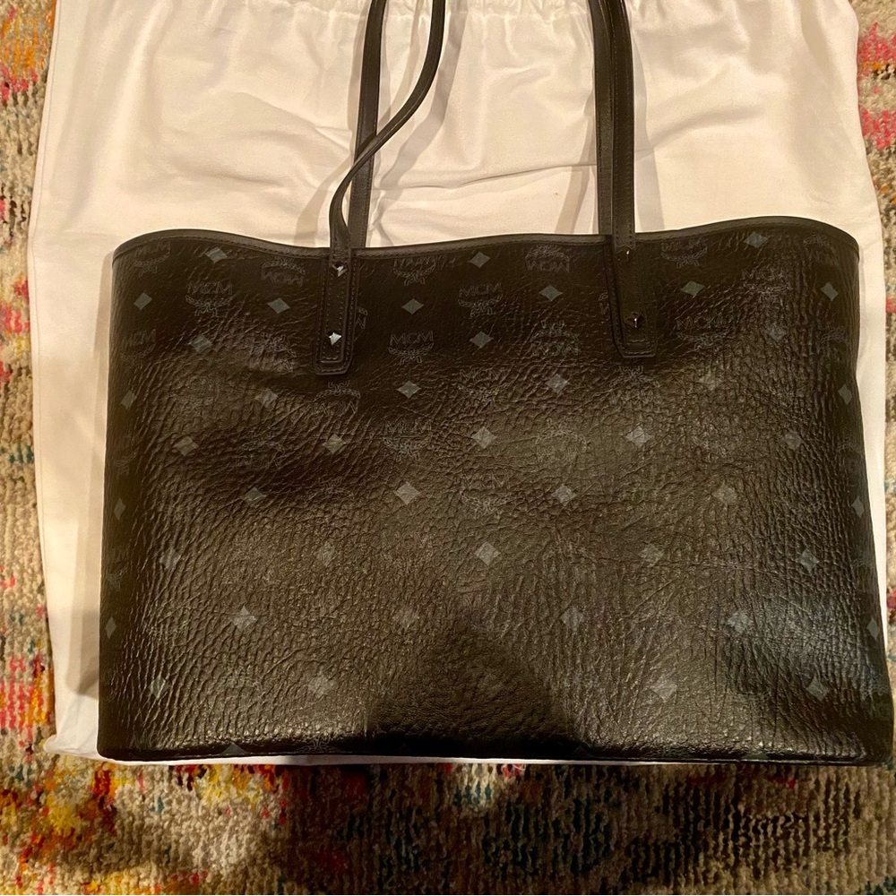 MCM Dark Leather Tote with Subtle Pattern